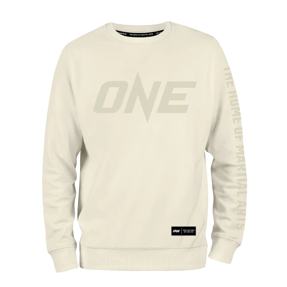 Beige sweatshirt with 'ONE' branding on a white background