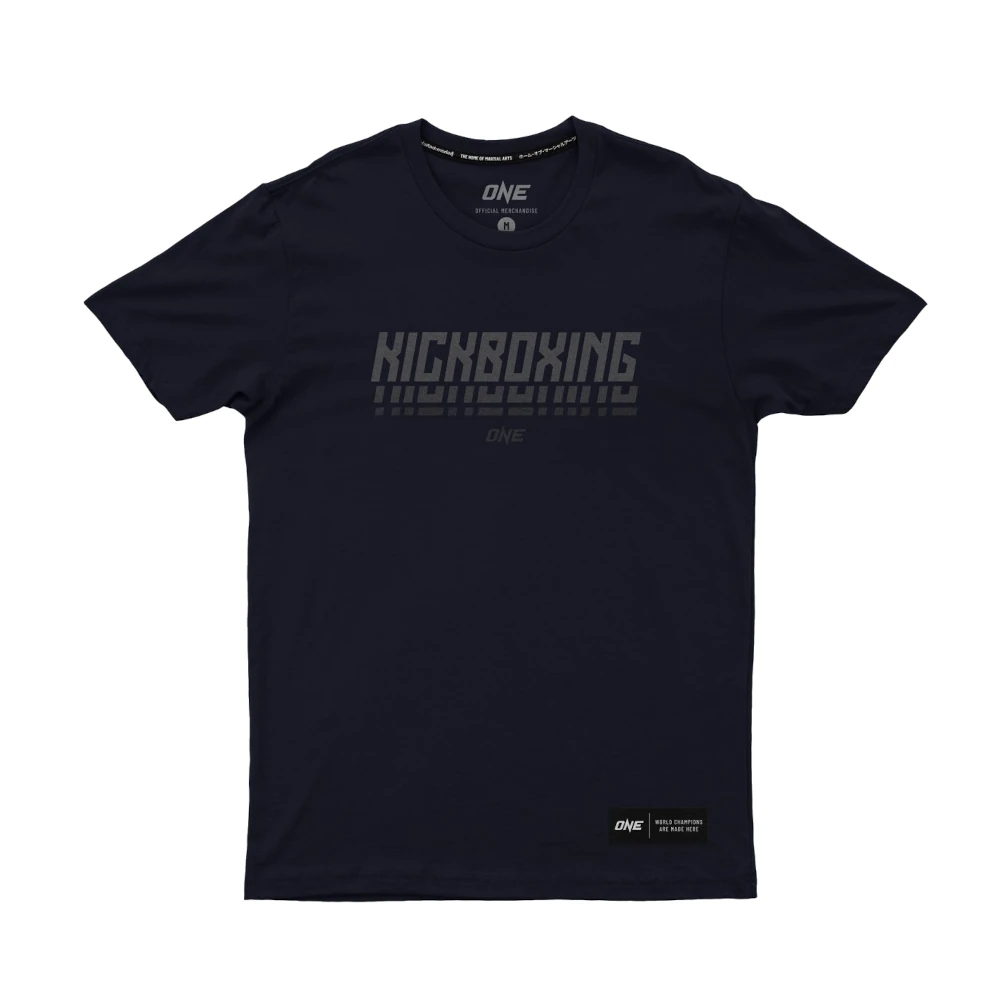 Black t-shirt with 'Kickboxing' text on a white background