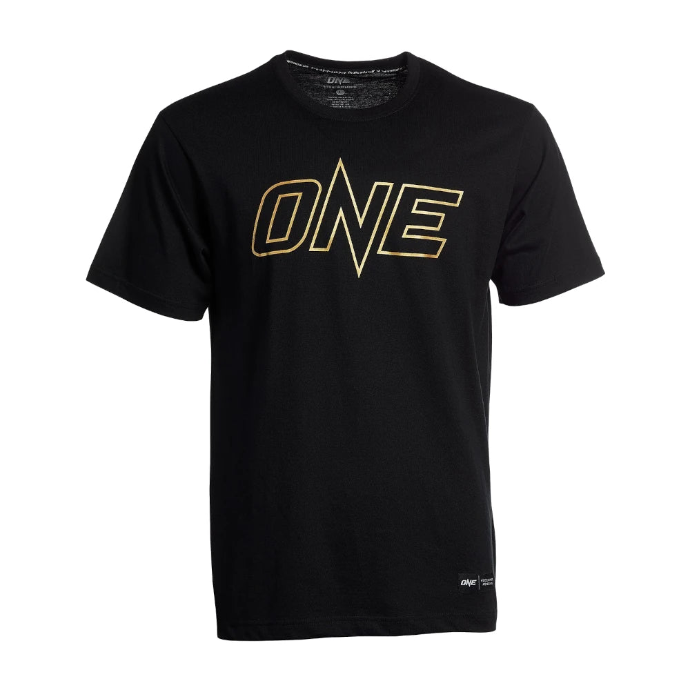 Black t-shirt with gold 'ONE' logo on a white background
