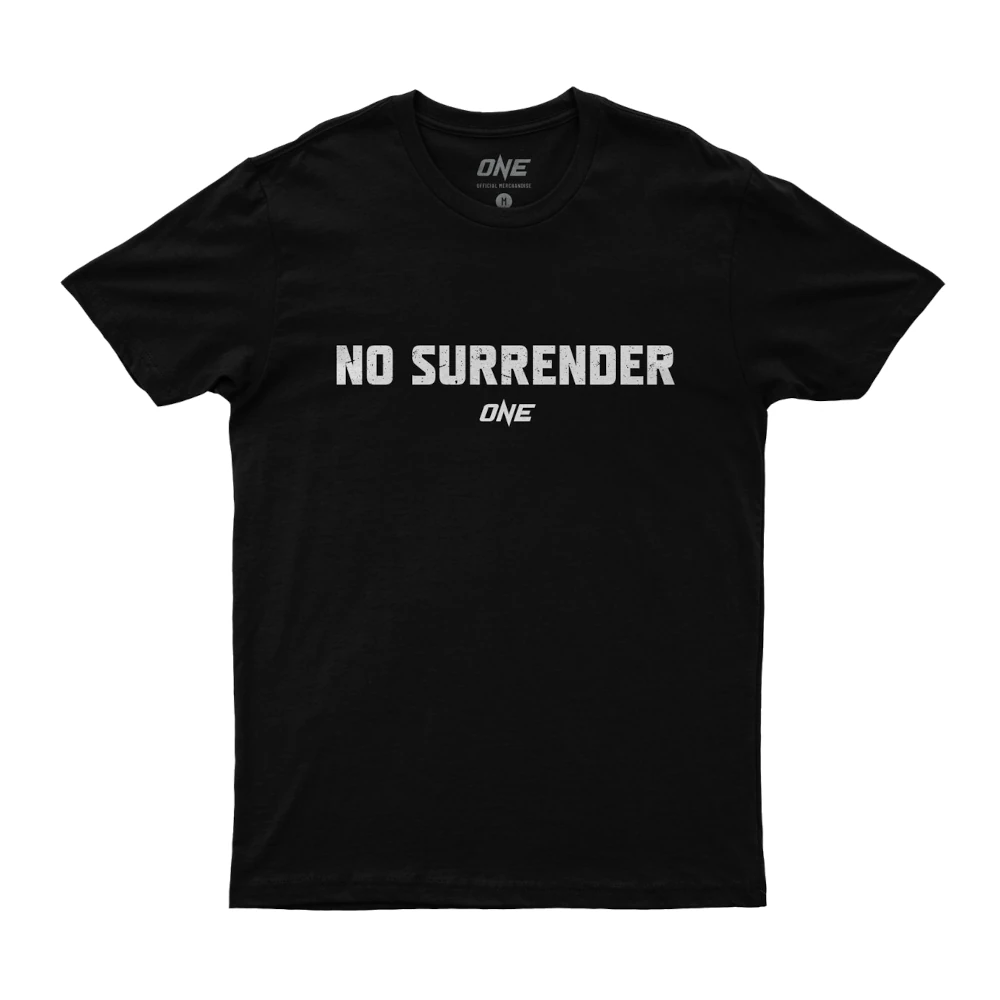 Black t-shirt with 'NO SURRENDER ONE' text on a white background