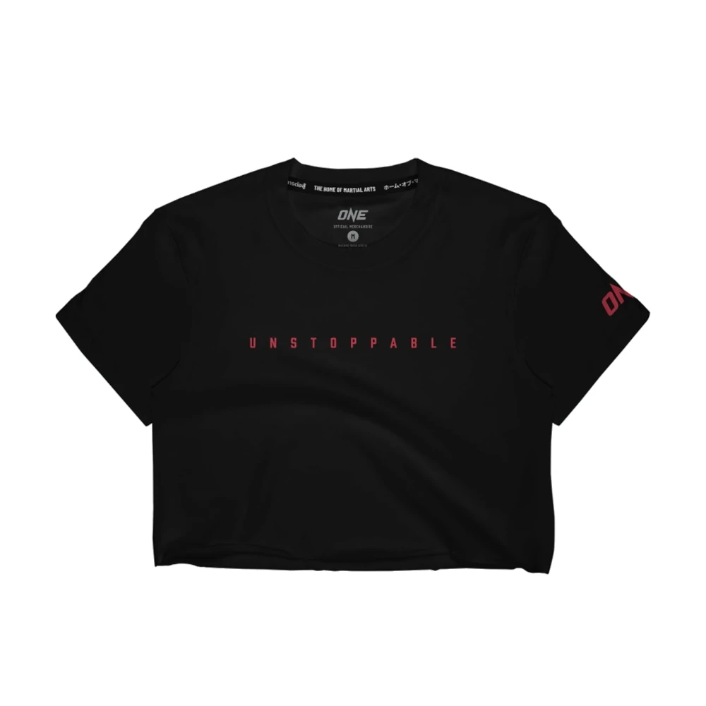 Black t-shirt with 'UNSTOPPABLE' text on a white background