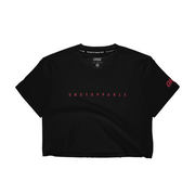 Black t-shirt with 'UNSTOPPABLE' text on a white background