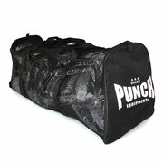 Black mesh duffel bag with 'Punch Equipment' logo on a white background