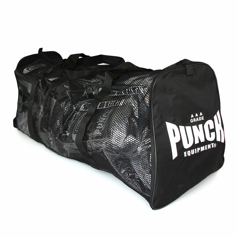 Black mesh duffel bag with 'Punch Equipment' logo on a white background