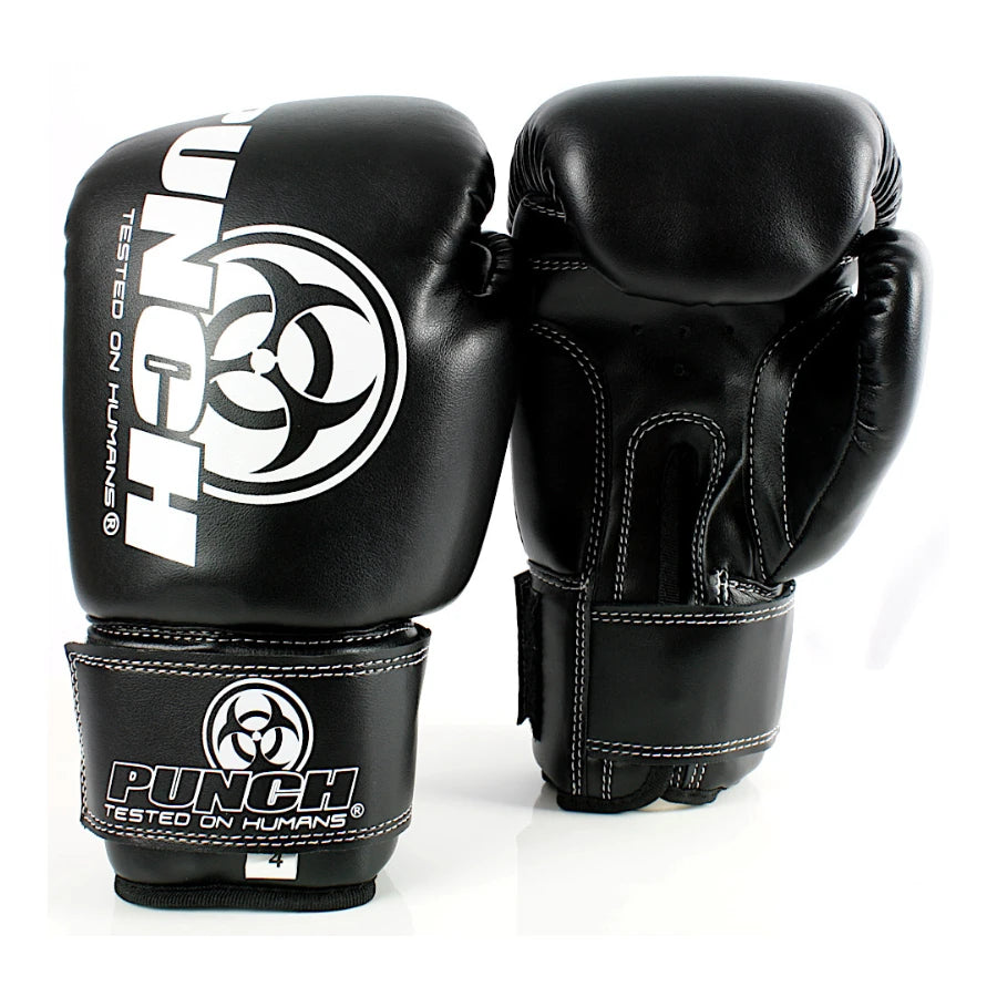 Black boxing gloves with 'Punch' branding on a white background