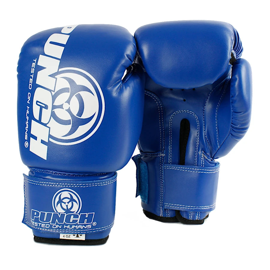 Blue boxing gloves with 'Punch' branding on a white background