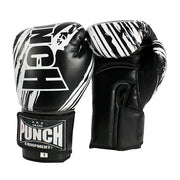 Pair of black and white boxing gloves with 'Punch' branding on a white background