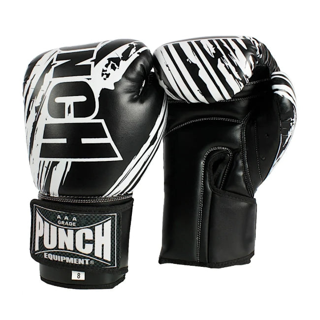 Pair of black and white boxing gloves with 'Punch' branding on a white background