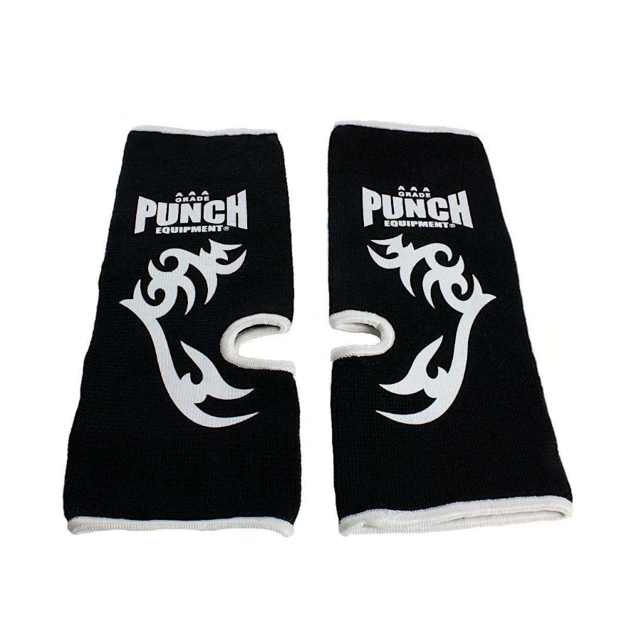 Black ankle guards with white tribal designs and 'Punch Equipment' branding on a white background