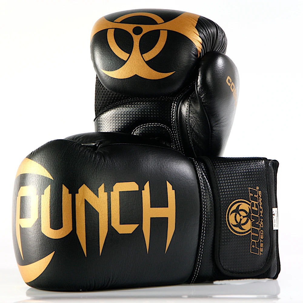 Black and gold boxing gloves with 'Punch' branding on a white background
