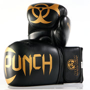 Black and gold boxing gloves with 'Punch' branding on a white background