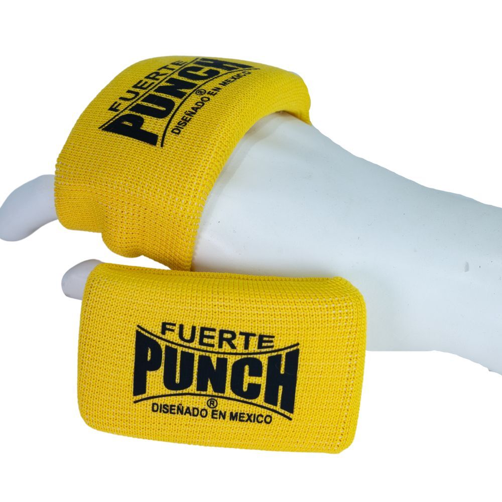Yellow boxing knuckle guards with 'Fuerte Punch' branding on a white background