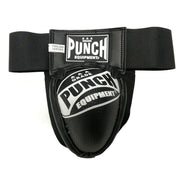 Black and white groin guard with 'Punch Equipment' branding on a white background