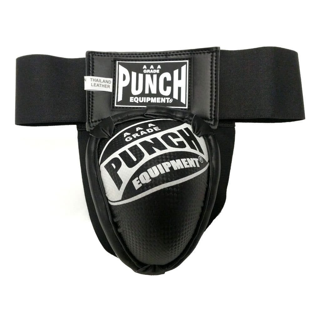 Black and white groin guard with 'Punch Equipment' branding on a white background