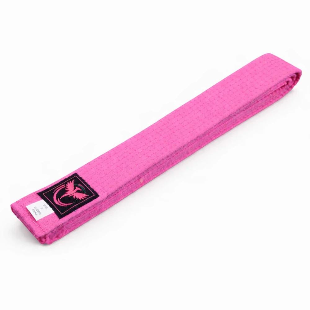 Pink martial arts belt with a black patch on a white background
