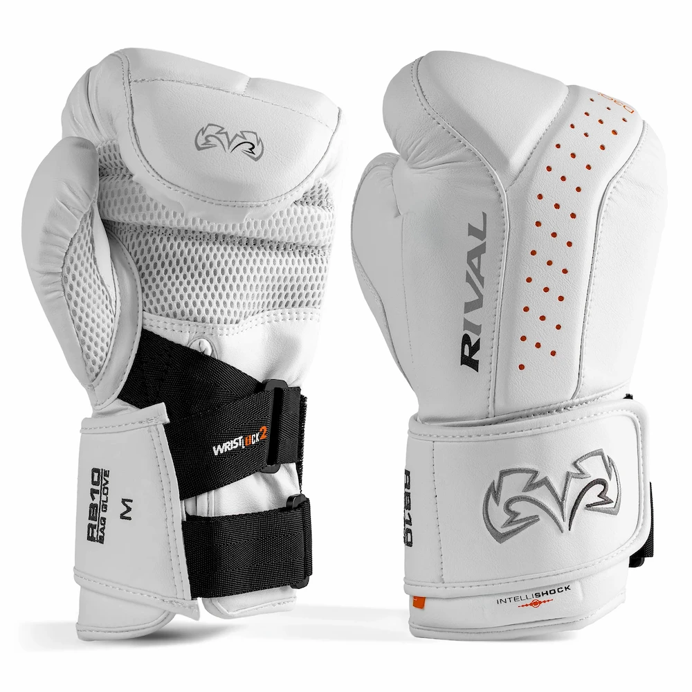 White Rival boxing gloves with black straps on a white background