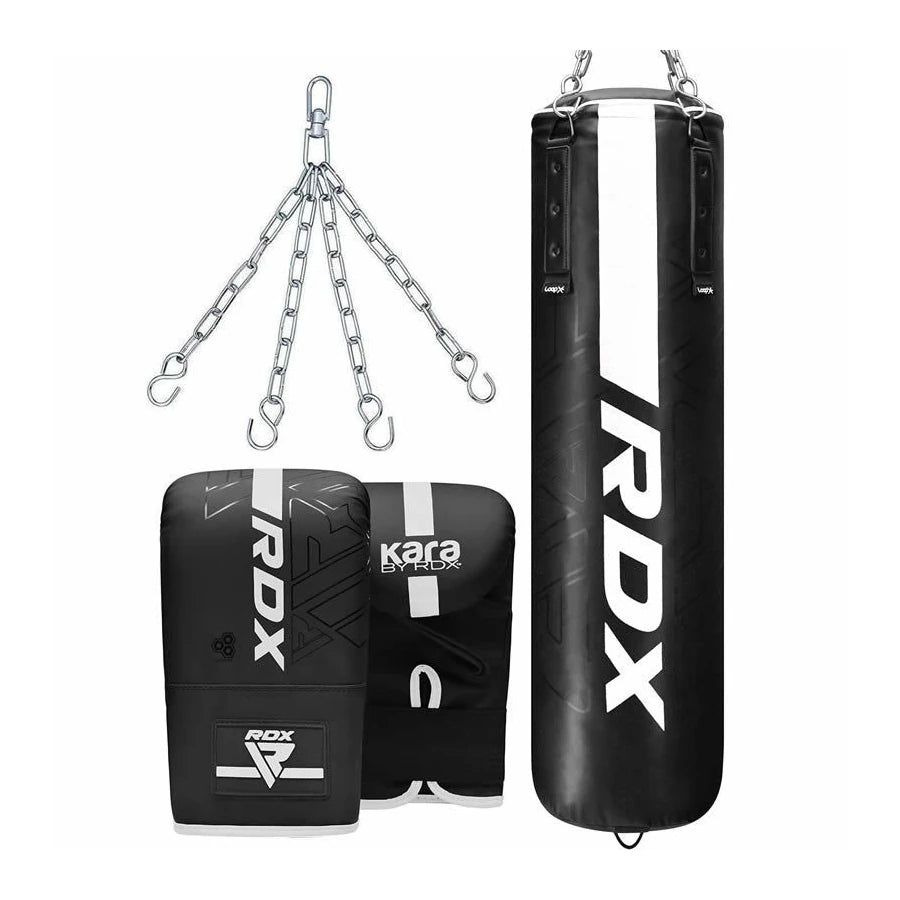 RDX punching bag, gloves, and hanging chain on a white background