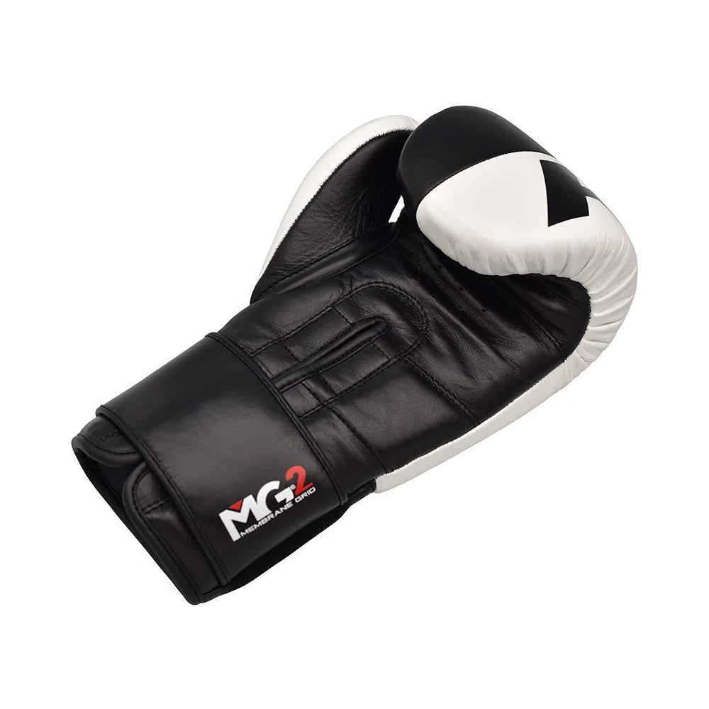 Black RDX boxing glove with white accents on a white background