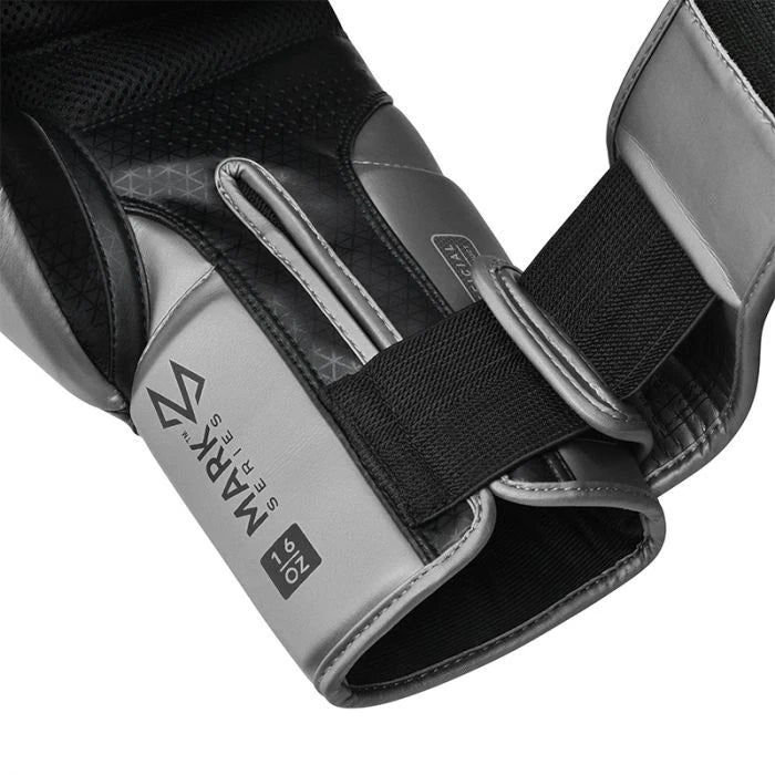 Black and gray boxing glove wrist strap with RDX brand logo on a white background