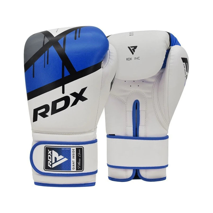 Pair of RDX boxing gloves in white and blue on a white background