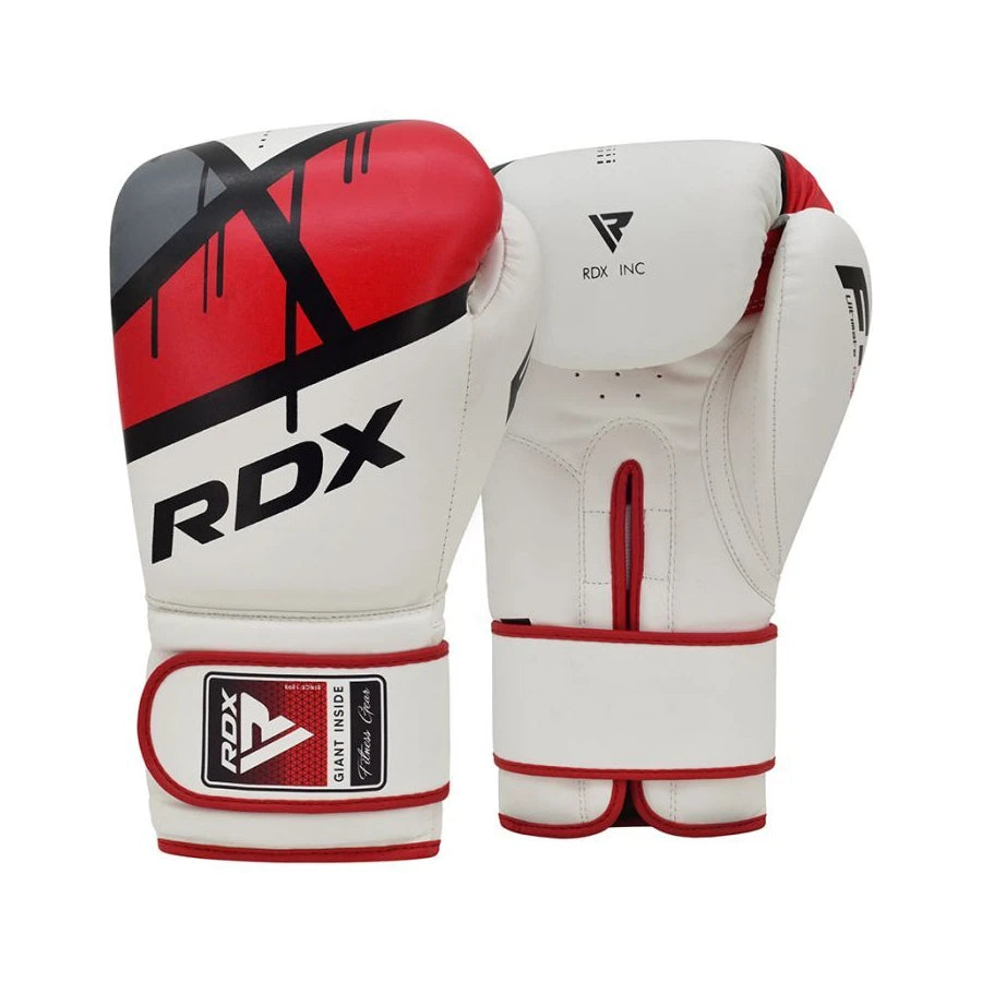White and red boxing gloves with black accents featuring the RDX brand on a white background.