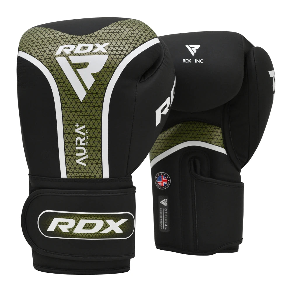 Pair of RDX boxing gloves with green and black design on a white background