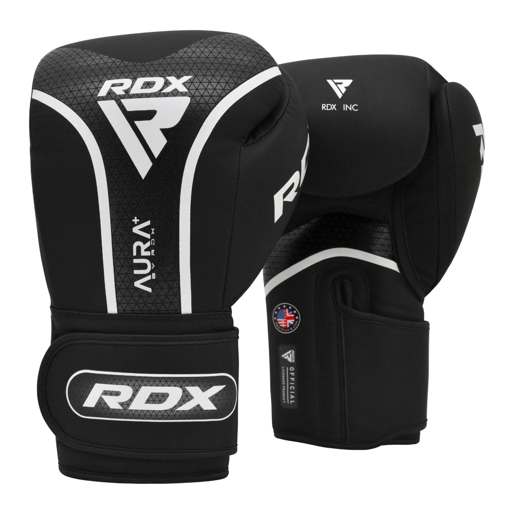 Black boxing gloves with RDX branding on a white background