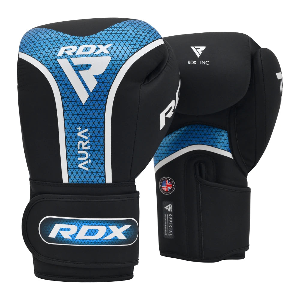 Pair of black and blue RDX boxing gloves on a white background
