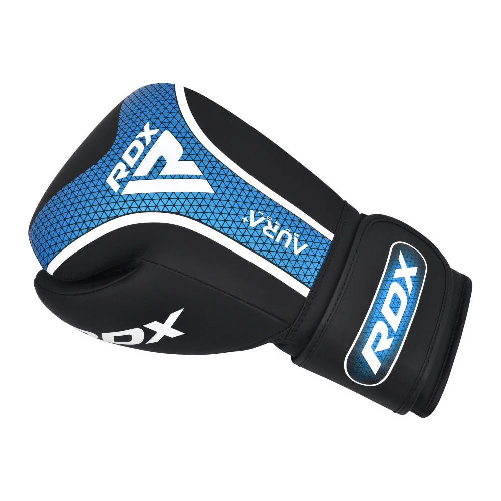 Black and blue boxing glove with RDX branding on a white background