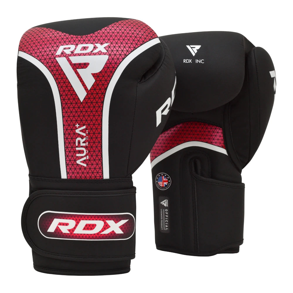 Black and red RDX boxing gloves on a white background
