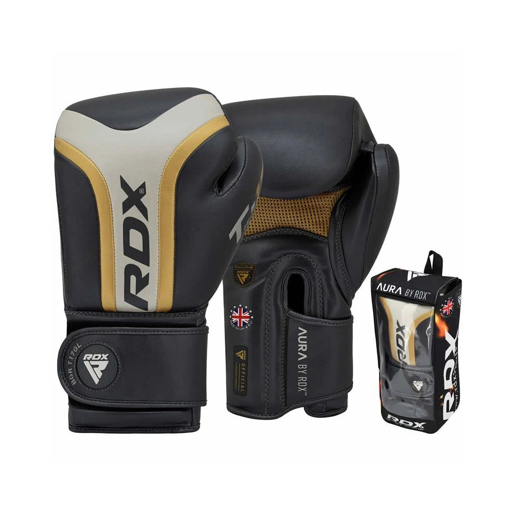Pair of black and gray boxing gloves with RDX branding, including a packaging box.