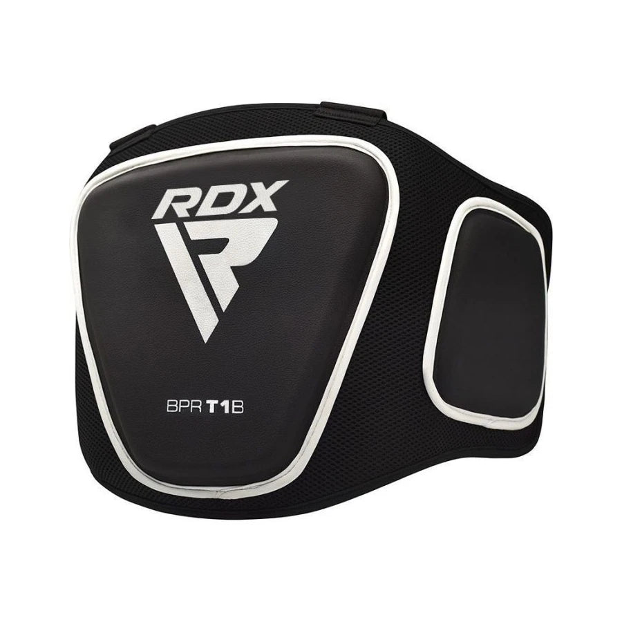 Black RDX boxing belly pad with white accents on a white background