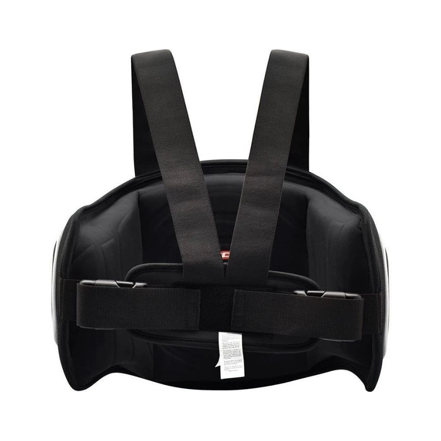 Black boxing body protector with straps on a white background