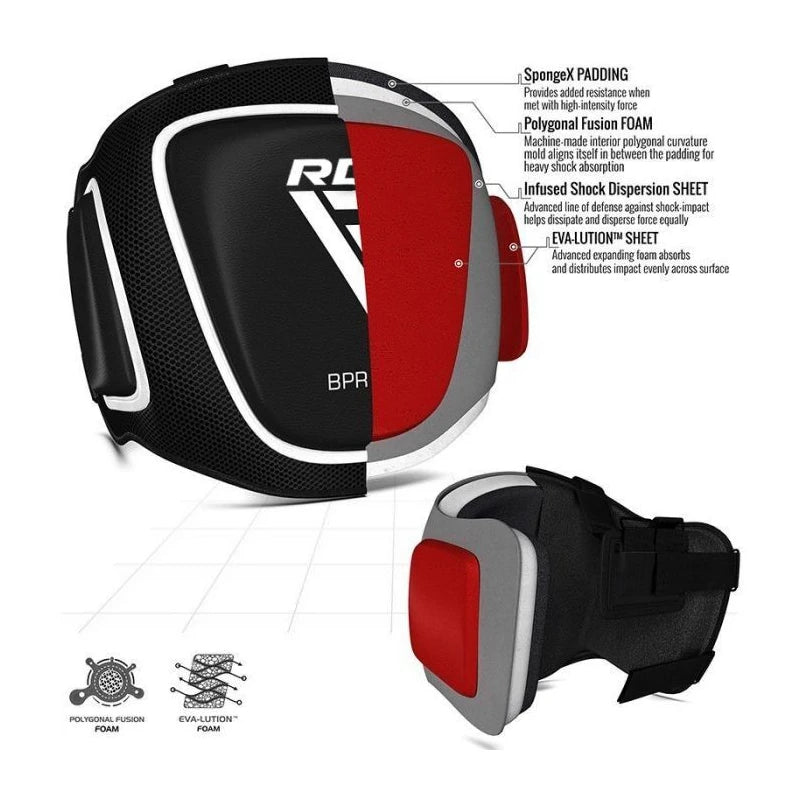 Black and red boxing belly pad with technical details on a white background