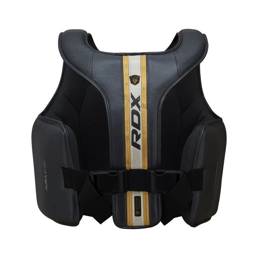 Black RDX chest protector on a white background