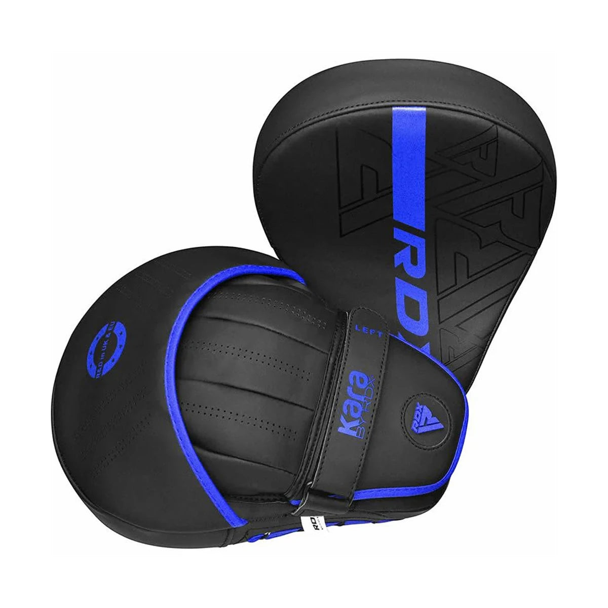 Black and blue boxing pads with 'Kara' branding on a white background