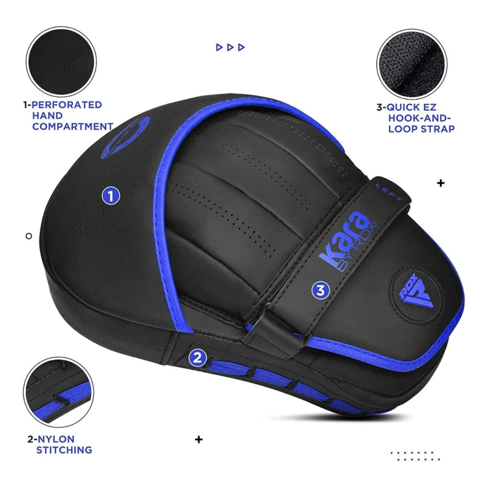 Black and blue RDX boxing pad with features highlighted on a white background