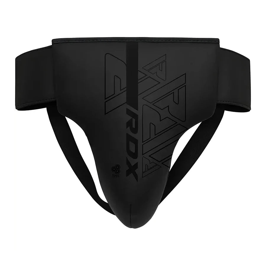 Black groin guard with 'RDX' branding on a white background