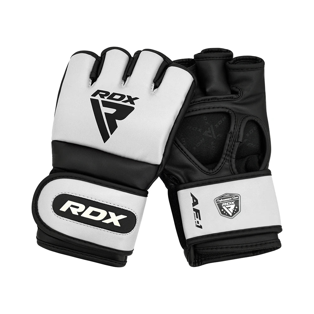 Pair of white and black RDX MMA gloves on a white background
