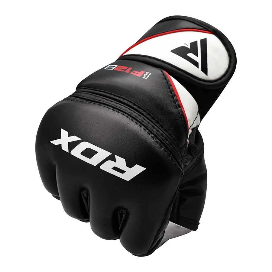 Black MMA glove with white text on a white background