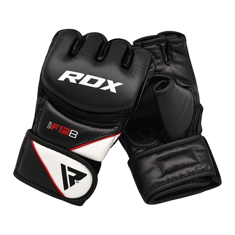 Black RDX MMA gloves on a white background