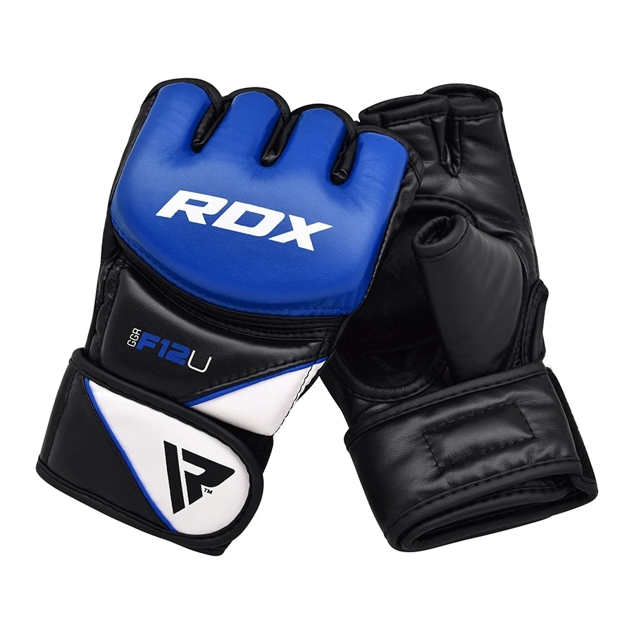 Pair of RDX MMA gloves with blue and black design on a white background