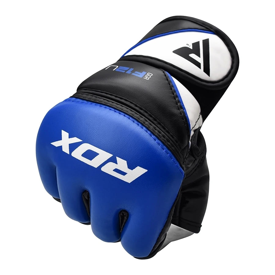 Blue and black MMA glove with RDX branding on a white background