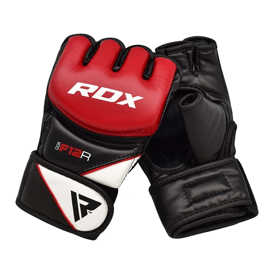 Red and black RDX MMA gloves on a white background
