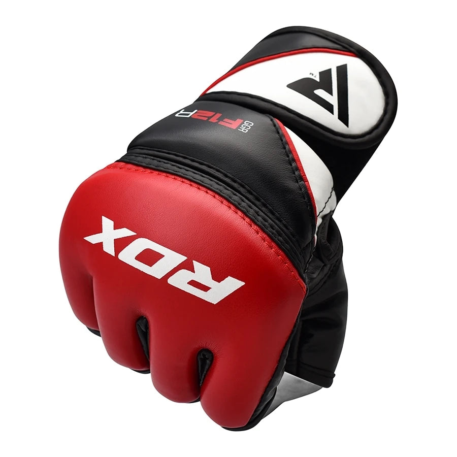 Red and black MMA glove with 'ROX' branding on a white background
