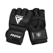 Black RDX MMA gloves on a white background