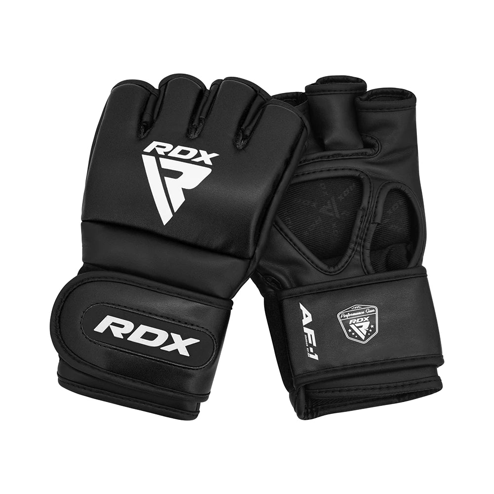 Black RDX MMA gloves on a white background