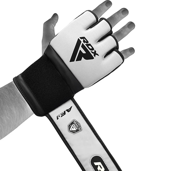 White MMA glove with black wrist wrap and RDX logo on a white background