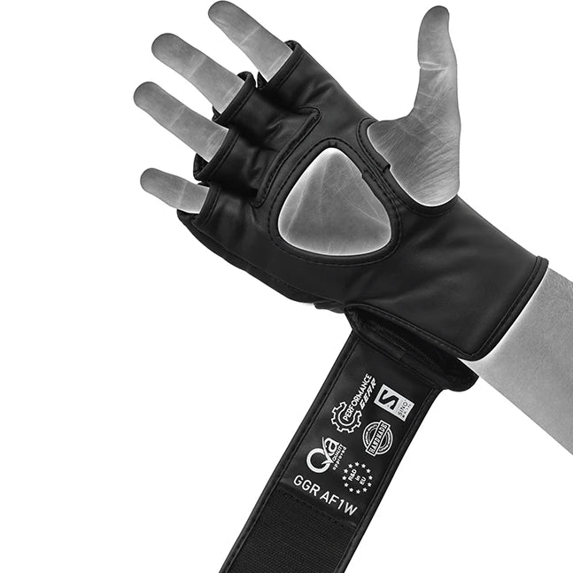 Black half-finger MMA glove with gray accents on a white background
