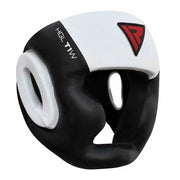 Black and white boxing headgear with a red and black logo on a white background